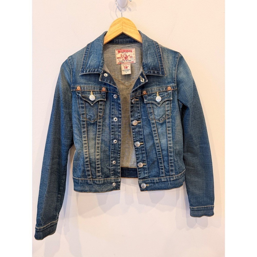 True Religion Womens Blue Denim Jean Jacket Trucker Style Button Front Cropped